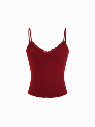 Textured V-neck Lace Trim Cami Top