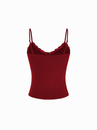 Textured V-neck Lace Trim Cami Top