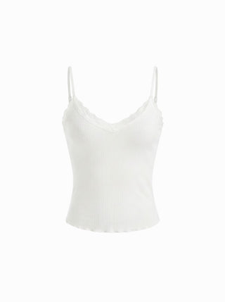 Textured V-neck Lace Trim Cami Top