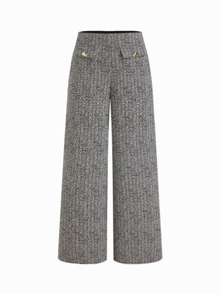 Cotton-blend Textured Mid Rise Wide Leg Trousers With Metal Detail