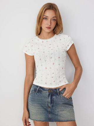 Floral Pointelle Lace Trim Short Sleeve Tee