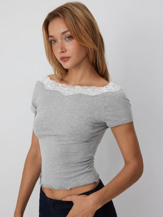 Knit Fabric Cotton-blend Boat Neck Lace Lettuce Trim Short Sleeve Top For School Daily Casual