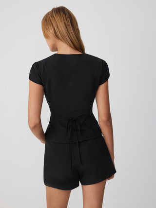 Puff Sleeve Button Front Peplum Top & Mid Rise Straight Shorts Set