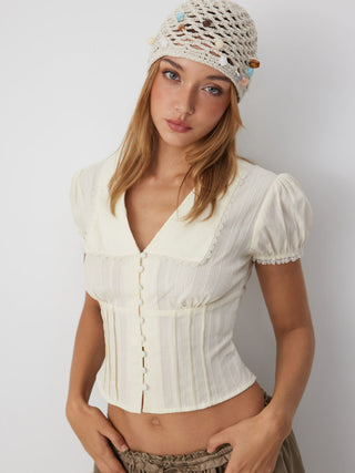 Cotton-blend Textured Lace Trim Puff Sleeve Blouse