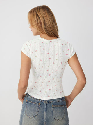 Floral Pointelle Lace Trim Short Sleeve Tee
