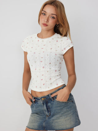 Floral Pointelle Lace Trim Short Sleeve Tee
