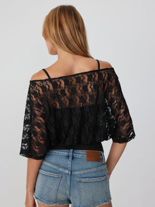 Jersey Asymmetrical Neck Floral Lace Poncho Top