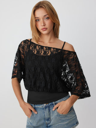 Jersey Asymmetrical Neck Floral Lace Poncho Top