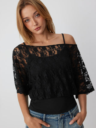 Jersey Asymmetrical Neck Floral Lace Poncho Top