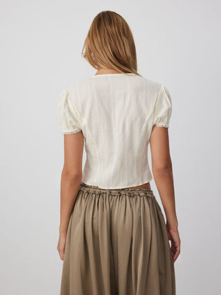 Cotton-blend Textured Lace Trim Puff Sleeve Blouse