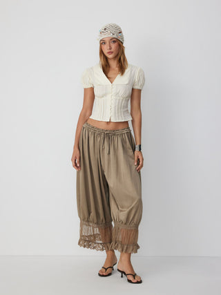 Cotton-blend Textured Lace Trim Puff Sleeve Blouse