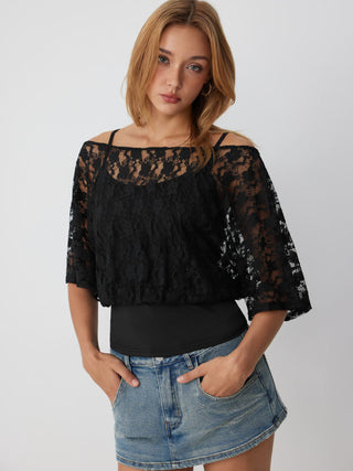 Jersey Asymmetrical Neck Floral Lace Poncho Top