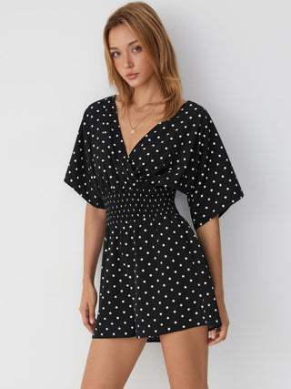 Polka Dot V-neck Cloak Sleeve Wrap Shirred Mid Rise Oversized Romper