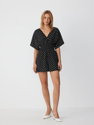 Polka Dot V-neck Cloak Sleeve Wrap Shirred Mid Rise Oversized Romper