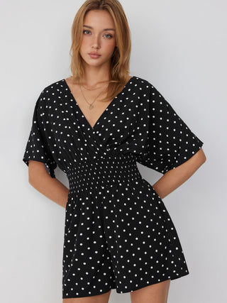 Polka Dot V-neck Cloak Sleeve Wrap Shirred Mid Rise Oversized Romper