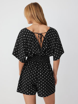 Polka Dot V-neck Cloak Sleeve Wrap Shirred Mid Rise Oversized Romper
