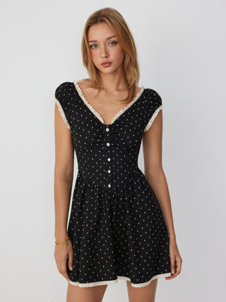 Jacquard Polka Dot V-neck Ruched Lace Trim Flared Mini Dress