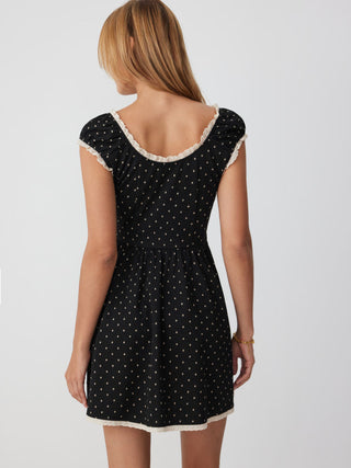 Jacquard Polka Dot V-neck Ruched Lace Trim Flared Mini Dress