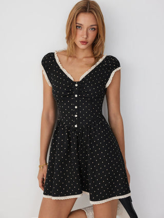 Jacquard Polka Dot V-neck Ruched Lace Trim Flared Mini Dress