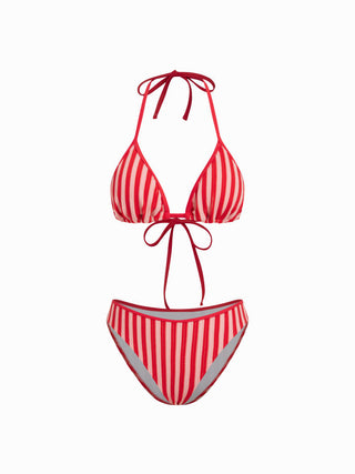 Halter Neckline Stripe Triangle Cheeky Bikini Set
