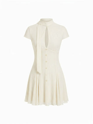 Mesh High Neck Short Sleeve Draped A-line Mini Dress With Scarf
