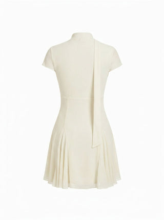 Mesh High Neck Short Sleeve Draped A-line Mini Dress With Scarf