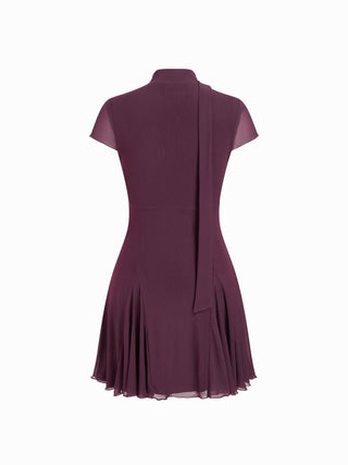Mesh High Neck Short Sleeve Draped A-line Mini Dress With Scarf