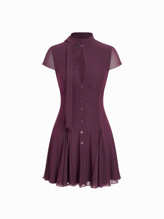 Mesh High Neck Short Sleeve Draped A-line Mini Dress With Scarf