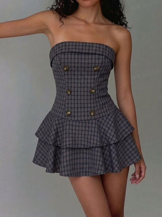 Plaid Double-Breasted Strapless Tiered Mini Dress