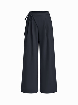 Mid Rise Tie Side Knotted Pleated Wide Leg Trousers
