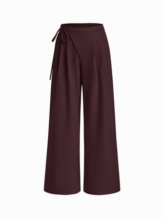Mid Rise Tie Side Knotted Pleated Wide Leg Trousers