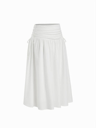 Linen-blend Mid Rise Drawstring A-line Midi Skirt