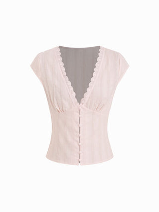 Textured V-neck Short Sleeve Lace Trim Pearl Button Blouse
