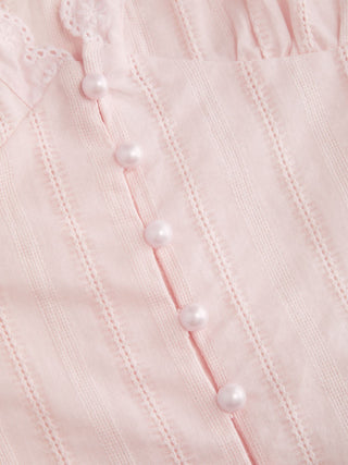 Textured V-neck Short Sleeve Lace Trim Pearl Button Blouse