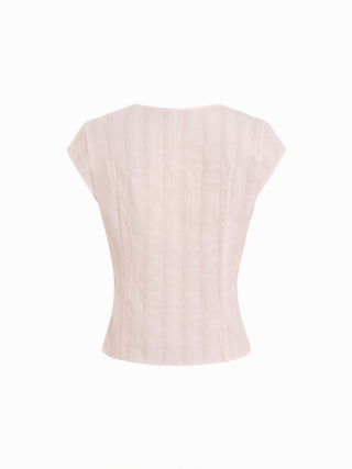 Textured V-neck Short Sleeve Lace Trim Pearl Button Blouse