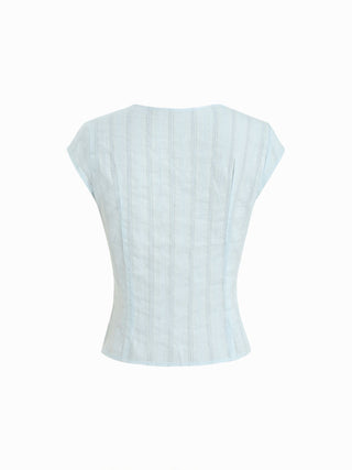 Textured V-neck Short Sleeve Lace Trim Pearl Button Blouse