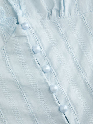 Textured V-neck Short Sleeve Lace Trim Pearl Button Blouse