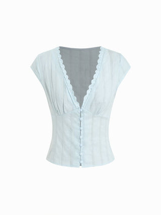 Textured V-neck Short Sleeve Lace Trim Pearl Button Blouse