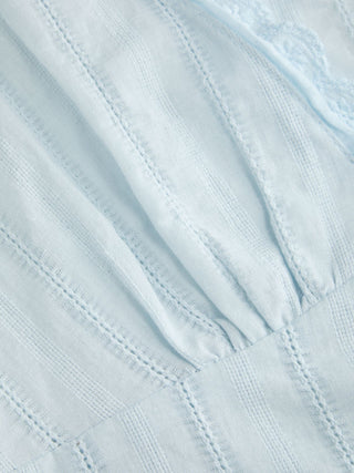Textured V-neck Short Sleeve Lace Trim Pearl Button Blouse