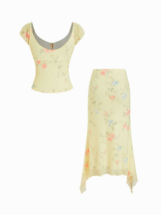 Mesh Floral Ruched Tie Front Top & Mid Rise Maxi Skirt Set