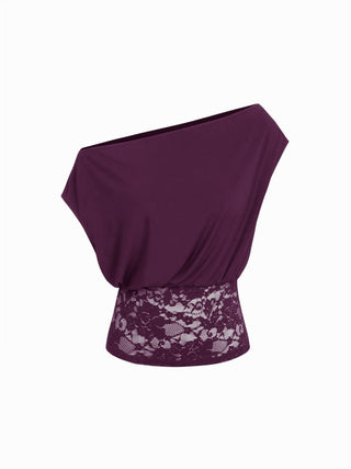 Asymmetrical Neck Floral Lace Ruched Top