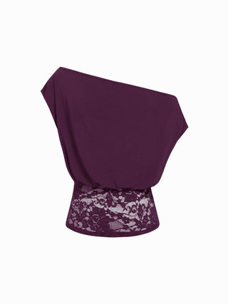 Asymmetrical Neck Floral Lace Ruched Top