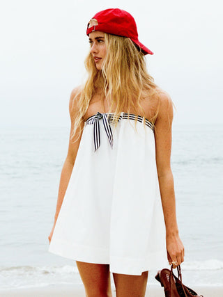 Cotton Bandeau Striped Bowknot Oversized Babydoll Mini Dress