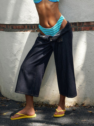 Washed Denim Low Rise Metal Detail Wide Leg Capri Jeans