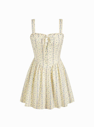 Cotton-blend Ditsy Floral Square Neck Ruffled Flared Mini Dress
