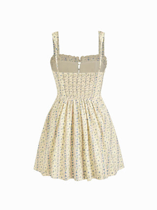 Cotton-blend Ditsy Floral Square Neck Ruffled Flared Mini Dress