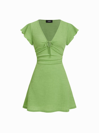 Textured V-neck Ruffle Sleeve Knotted Ruched A-line Mini Dress