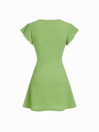 Textured V-neck Ruffle Sleeve Knotted Ruched A-line Mini Dress
