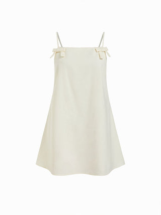 Linen-blend Square Neck Bowknot Oversized Smock Mini Dress