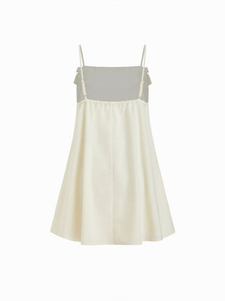 Linen-blend Square Neck Bowknot Oversized Smock Mini Dress